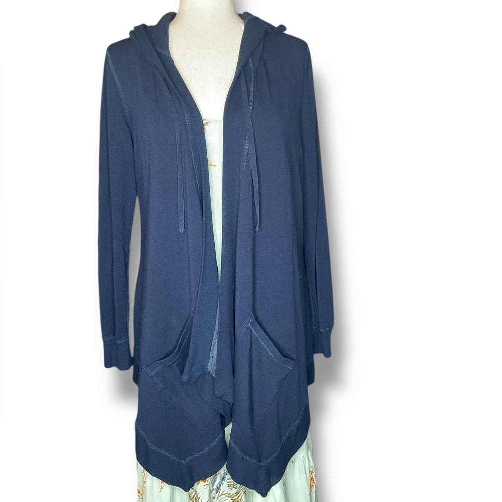 Evy’s Tree Navy Blue Draped Open Front Hooded Cardigan Sweatshirt Size Small